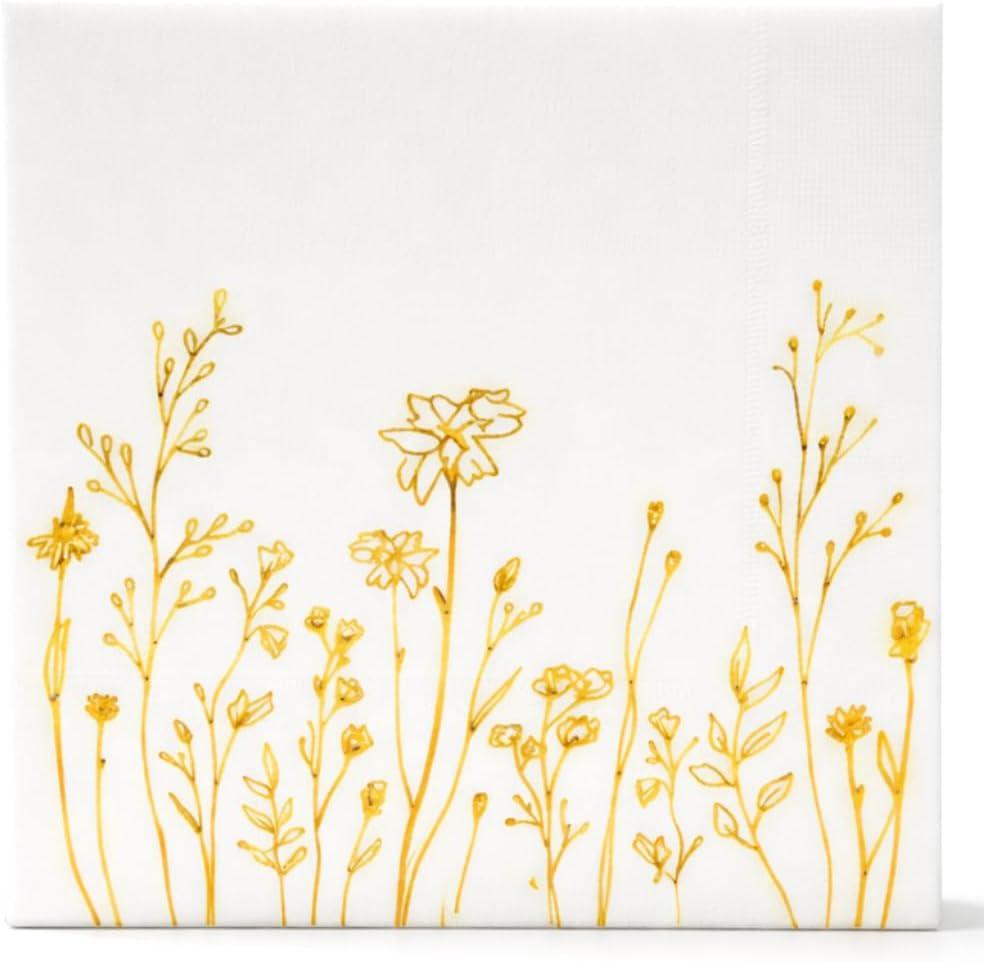 5 x GardenCity Floral Napkins, Gold Flower Cocktail Napkins, Disposable Wildflower Paper Napkins, 3-Ply, 5x5 Folded (50 Pack)