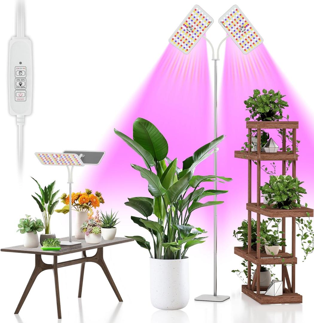 KINGPLUS Grow Lights with Stand, Double Head, Full Spectrum LED Grow Light for Indoor Plants, 240 Leds, 4 Dimmable Levels, Timer 4/8/12h, 12-60inches Height Adjustable, 36w, Ideal for Desk Small Plant