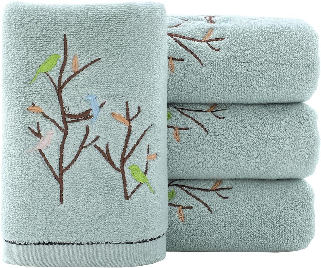 Pidada Hand Towels Set of 4 Embroidered Bird Tree Pattern 100% Cotton Absorbent Soft Decorative Towel for Bathroom (Aqua Green) (13.8 x 29.5)