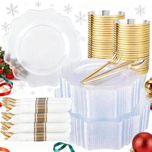 COLOSUS 350pcs Clear Plastic Plates Disposable Gold Cutlery Dinnerware set for party: 50 Dinner Plate, 50 Dessert Plate, 50 Per Rolled Napkins with Gold Silverware, 50 Cups 9 OZ for Thanksgiving
