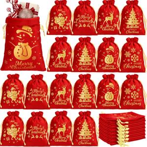 Wesnoy 50 Pcs Christmas Velvet Drawstring Bags Bulk Santa Gift Bags for Candy Wrapping Goodie with Ribbon Drawstring for Xmas Holiday Party Supplies, 6 Styles(5 x 7 Inch,Red)
