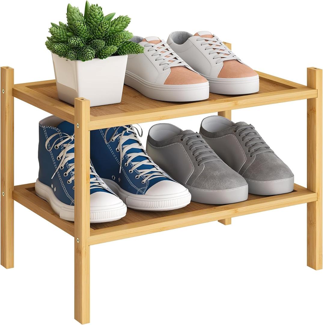 BMOSU 2-Tier Bamboo Small Shoe Rack Premium Stackable Shoe Shelf Storage Organizer for Hallway Closet Living Room Entryway Organizer(Natural)