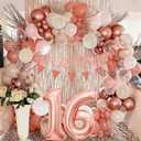 Sweet 16 Party Decorations for Girls:Rose Gold Happy 16th Birthday Banner Ballons, Pink Sweet Sixteen Birthday Decor with Cake Topper, 16 Number Balloons, Tassel Curtain Backdrop