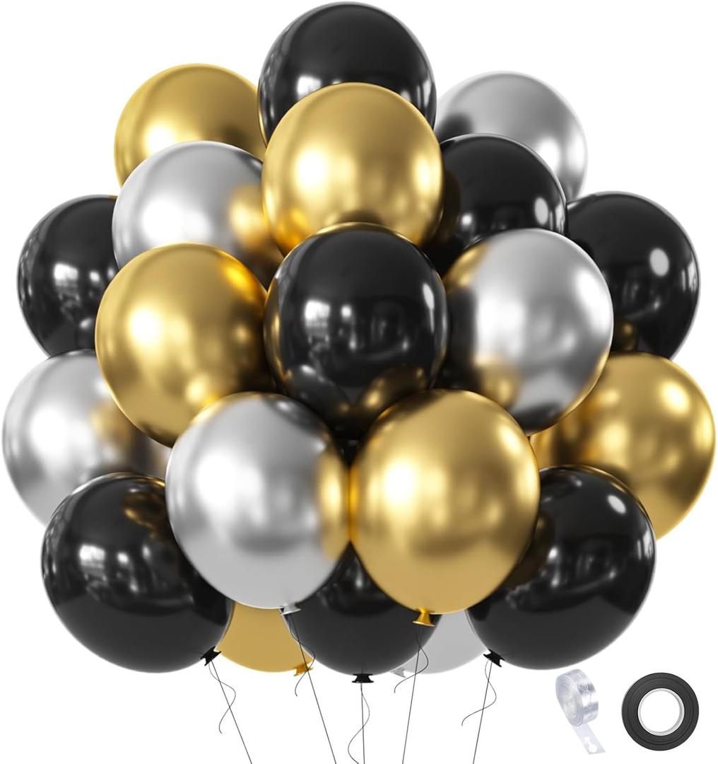Black Gold Silver Balloons Set, 60 Pcs 12 Inch Metallic Chrome Gold Silver Balloon Black Silver Gold Balloons for Birthday Wedding Graduation New Year Party Decoration