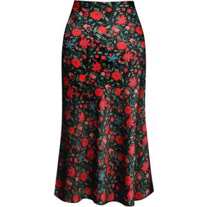 Keasmto Leopard Skirt for Women Midi Length High Waist Silk Satin Elasticized Cheetah Casual Ladies Skirts (XL, Floral)
