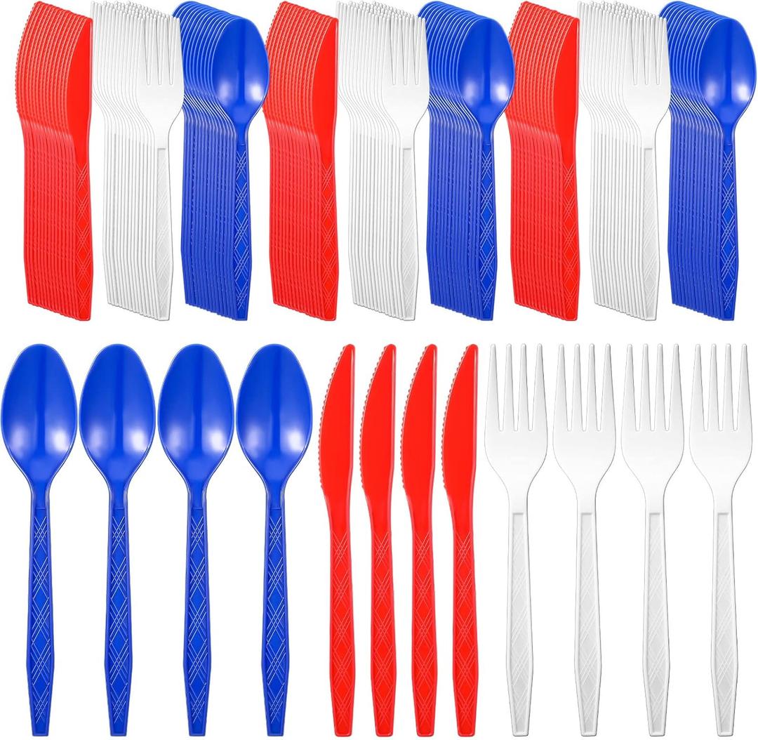 Gerrii 150 Pieces Green Disposable Plastic Cutlery Set Plastic Utensils Plastic Silverware Set Includes Spoons, Forks, and Knives for St Patricks Day Party Supplies (White,Red,Blue)