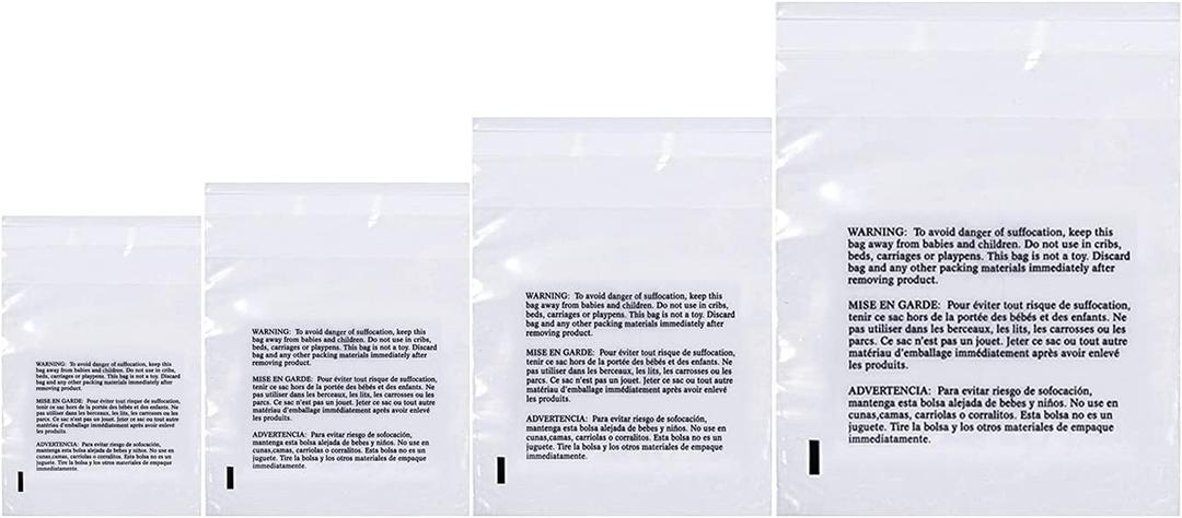 Poly Bags with Suffocation Warning 6x9", 8x10", 9x12", 11x14" - Combo Pack of 400 (100 each size) - Clear Poly Bags by Retail Supply Co - Resealable