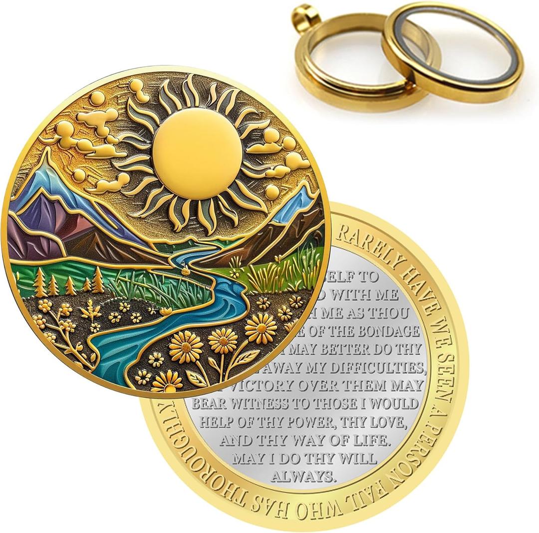 Affirmation Sobriety Coin Gift Set | Sunlight AA Chip Medallion with Token Capsule, Stand & Card | Sobriety Gifts for Anniversary Month & Year for Men & Women in Recovery (Gold & Silver)