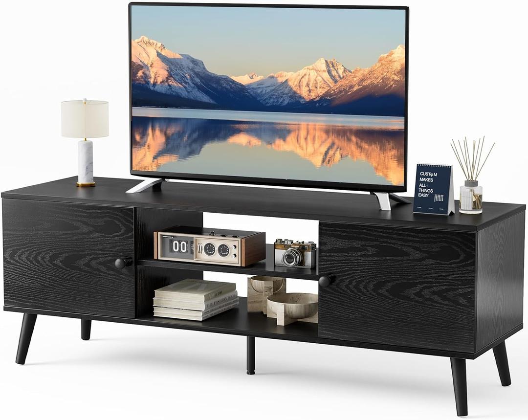 Sweetcrispy TV Stand for 55 60 inch TV, Modern Mid Century Entertainment Center with Storage, Media Console Table 2 Cabinet, Soft Hinge, Handle Door, Wooden Living Room, Office Furniture, Black (53.54 x 15.75 x 18.9 inches)