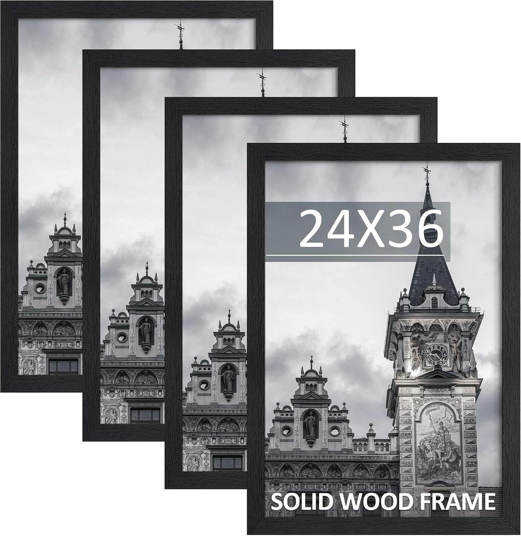 24x36 Poster Frame Set of 4, Solid Wood Picture Frames, Display 24x36 Photos without Mat, Horizontal or Vertical Wall Mounting Poster Frame, Black Woodgrain