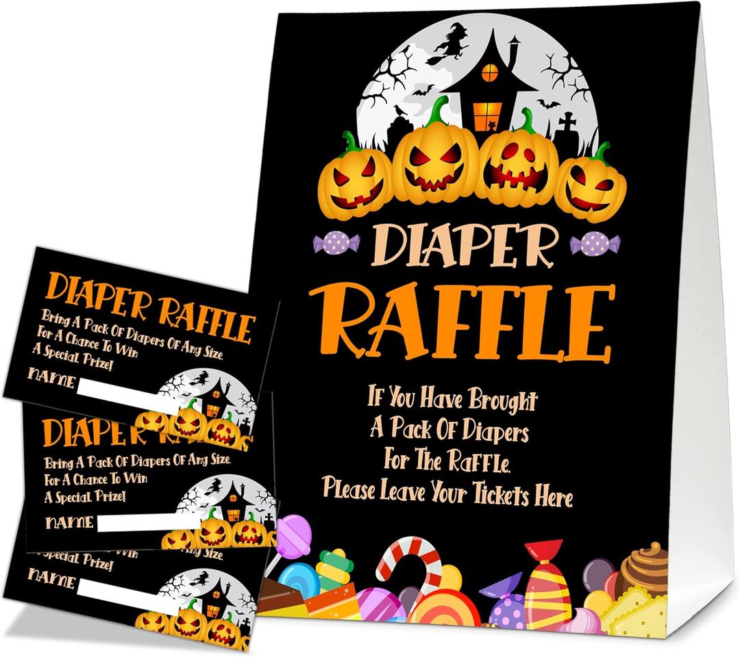 3 x Halloween Diaper Raffle Game Sign And Tickets, Happy Halloween Baby Shower Invitations Game Sets Decorations Celebrated The Upcoming Baby's Arrival, 1 Standing Card With 50 Raffle Tickets -A04