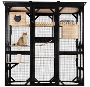 Catio Outdoor Cat Enclosure Cat House, Large Wooden Walk-in Cat Cage Condo Indoor Playpen with Multi Platforms, Flat Roof, and 2 Resting Box, 62.6 x 32.3 x 70.1 inches, Black