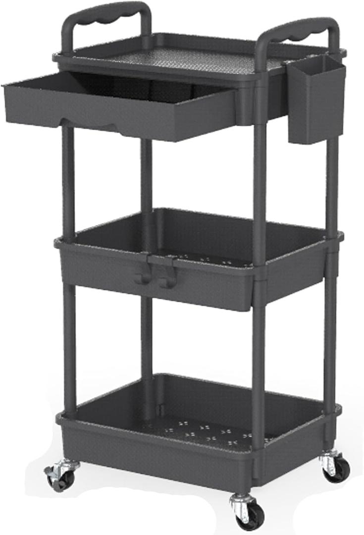 Rolling Storage Cart with Detachable Drawers, Locking Wheels, Cup Holder & Hooks, Easy Assembly 3-Tier Mobile Organizer for Kitchen, Bathroom, Craft Room, Jet
