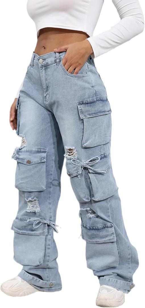 Ryehack Womens Baggy Jeans Y2k Cargo Jeans Casual High Waist Baggy Denim Cargo Pants with Pockets Streetwear (Blue, M)