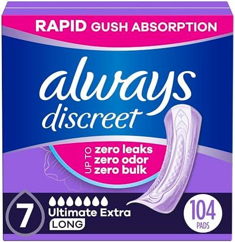 Always Discreet Adult Incontinence Pads for Women, Ultimate Extra Absorbency, Long Length, Postpartum Pads, 104 Count (4 Packs of 26)