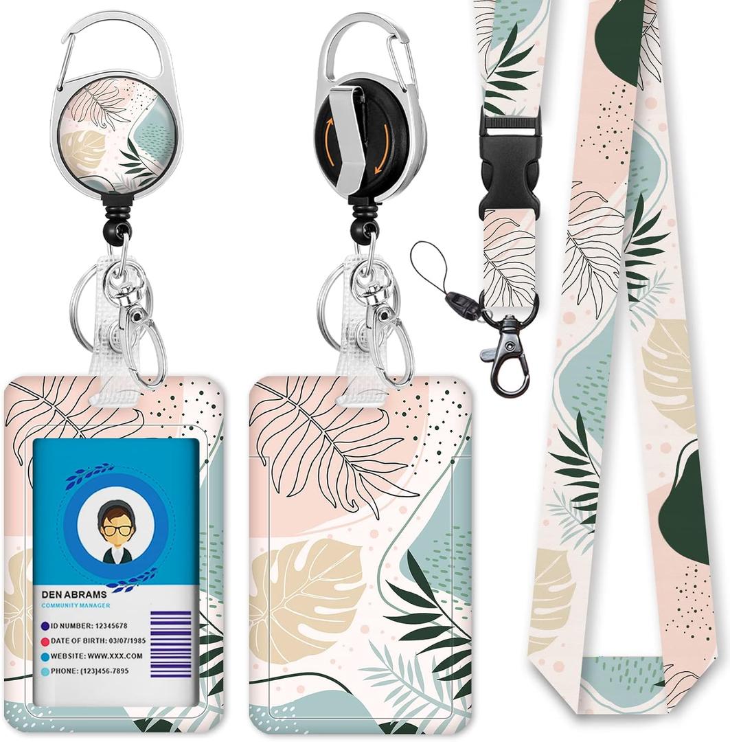 Desert Leaf Lanyards for Id Badges, Boho Id Card Holders for Badges with Lanyard, Card Protector with Badge Reel Retractable Heavy Duty, Women Teacher Doctor Office