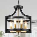 HOXIYA Farmhouse Chandelier, Adjustable Height Pendant Light Fixture, Convertible Semi Flush Mount Ceiling Light, 4 Light Modern Black and Gold Chandeliers for Dining Room Kitchen Foyer Entryway