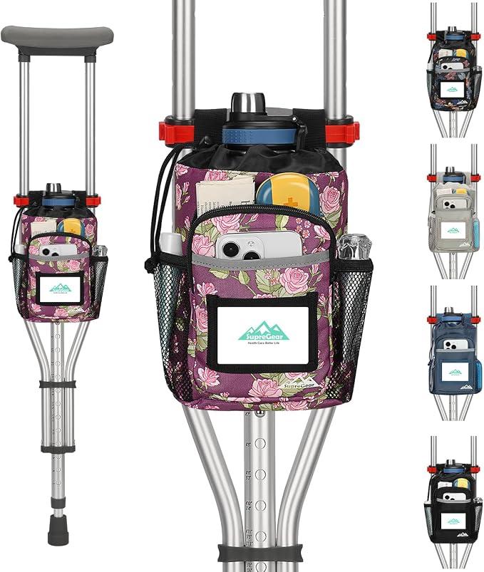 supregear Crutch Accessories Bag, Water-Resistant Premium Storage Pouch with Cup Holder and Multiple Pockets - Large Capacity Organizer Tote Bag Attachment for Underarm Crutches - Men, Women