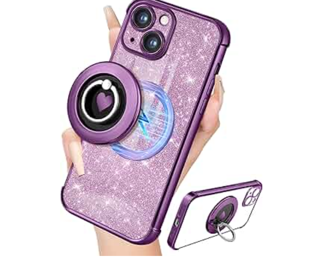 for iPhone 15 Plus Case - Women Glitter Bling Girly Compatible with MagSafe Ring Stand Magnetic Phone Case Cute Girls Sparkly Luxury Elegant Aesthetic for Apple 15 Plus Cases - Purple