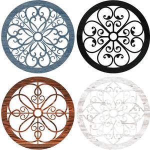 Yulejo 4 Pcs Thicken Rustic Wall Decor Farmhouse Kitchen Wall Round Art Wooden Hollow Carved Design Rustic Art for Living Room Bedroom Hallway Decor (9.8 x 9.8 Inch,Colorful)