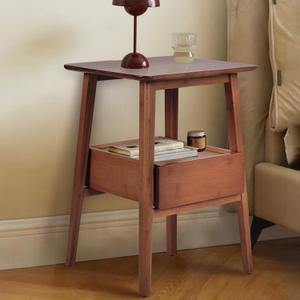 Night Stand with Drawer, Mid Century Modern Nightstand, Bedside Tables with Open Storage Shelf,Large Storage End Table, Bamboo Night Stands for Bedrooms (Walnut)