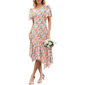 Dressystar Floral Summer Dress V Neck Midi Women Sun Dresses Short Sleeve Ruffle Casual Boho Vacation (Medium, Orange Blue Flower)