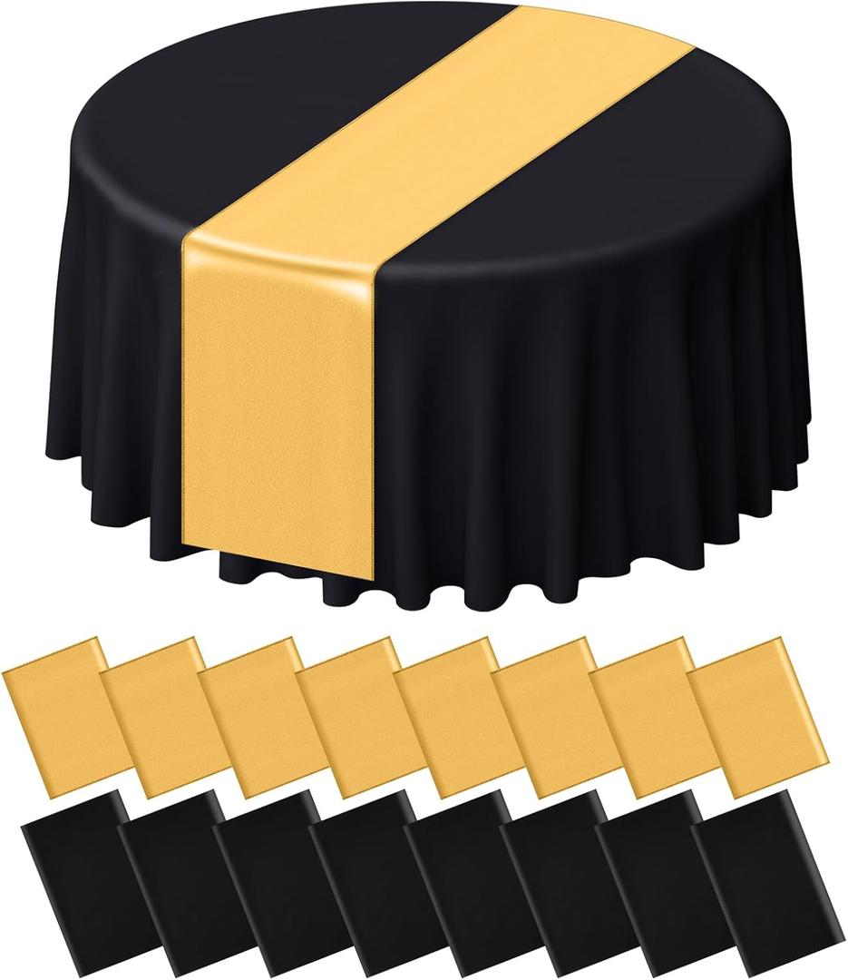 16Pcs Round Plastic Tablecloth and Satin Table Runner Set 84 Inch Round Covers 12 x 108 Inch Table Runners for Christmas Wedding Birthday Party Baby (Black)