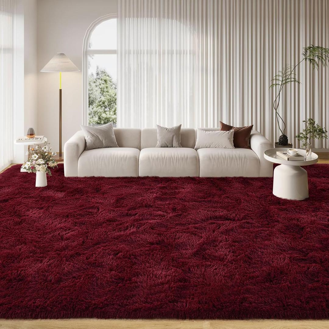 FinRec 9x12 Feet Rugs for Living Room Bedroom, Red Fluffy Shag Area Rug, Non-Slip Plush Fuzzy Rugs for Nursery Kids Room Dorm Room Home Decor, Indoor Furry Floor Carpet