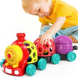 WEEJOYGAM Train Baby Toys 6-12 Months, Infant Soft Cars for Toddlers 1-3 Boy Easter Basket Stuffers Birthday Gift 6 7 8 9 10 Month 1 Year Old Boy Cause Effect Montessori Musical Push Truck Ball Rattle
