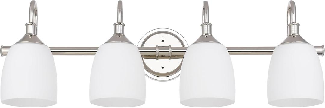4-Light Polished Nickel Bathroom Vanity Light Fixtures Over Mirror, Vintage Vanity Lights for Living Room, Milk White Glass Shades, Standard E26 Base