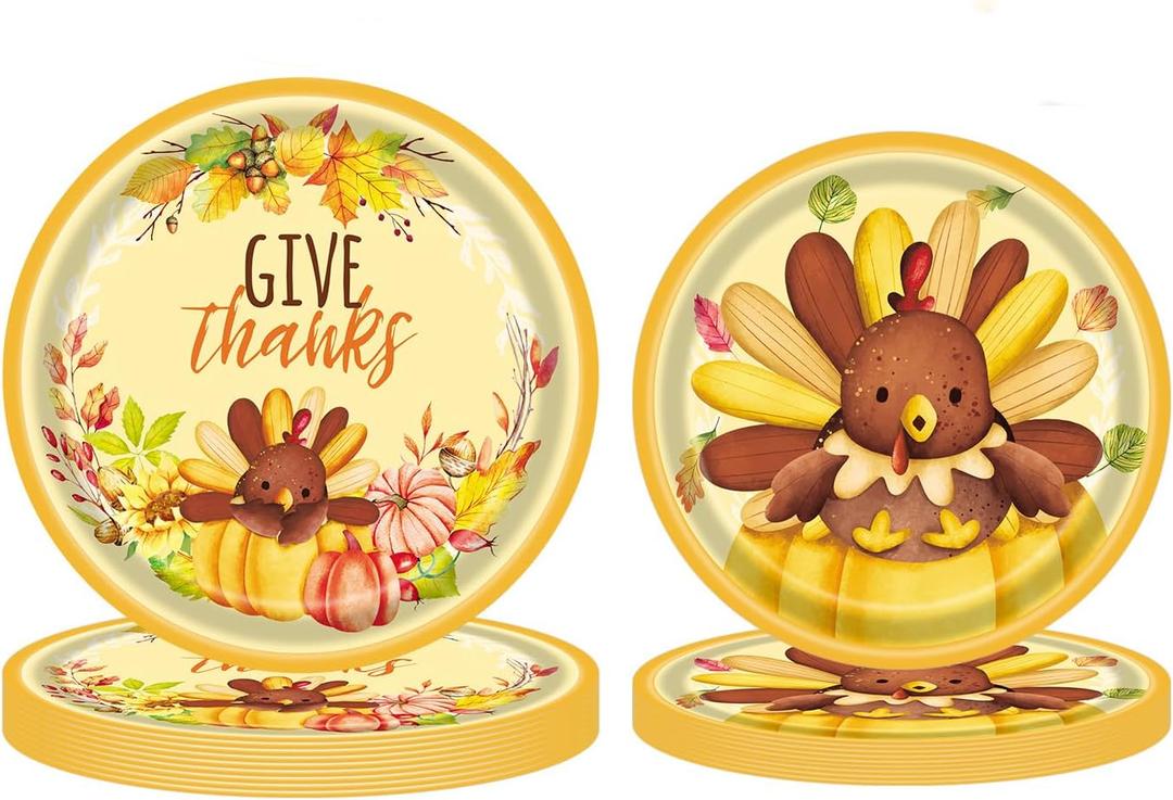 48 Pcs Thanksgiving Paper Plates Cute Turkey Party 9-Inch 7-Inch Disposable Dinnerware Supplies for Fall Autumn Holiday Tableware