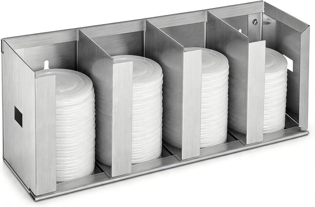 4 Compartment Cup And Lid Holder, Adjustable Stainless Steel Organizer Rack for Disposable Coffee Cup Covers, Countertop Organizer with Screws and Screwdriver (4 Compartment)