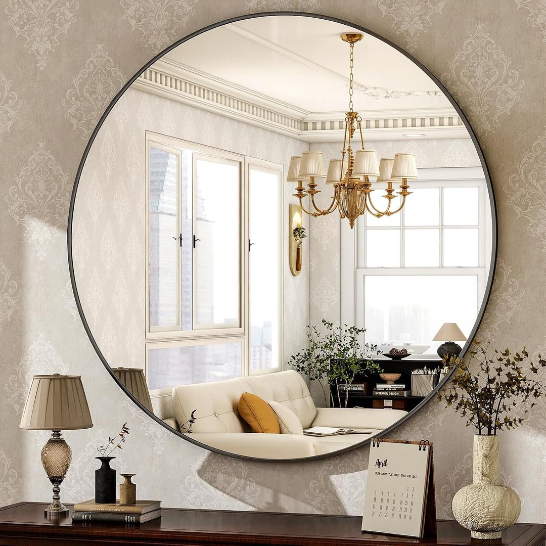 HARRITPURE Round Mirror 30 Black Wall Mounted Circle Mirrors Vanity Mirror with Brushed Aluminum Alloy Frame Modern Decoration for Bathroom, Living Room, Vanity, Bedroom, Entryway