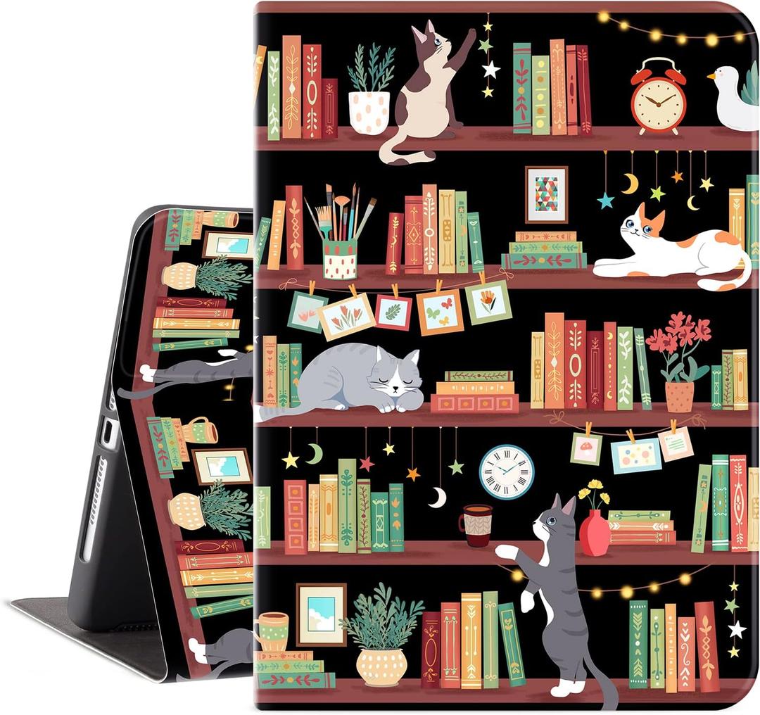 iPad Air 2 Case/iPad Air 1st Case, iPad 9.7 Case for iPad 5th/6th Generation Case 2017/2018 Kids Men Women Soft Back Shockproof Cover Multi -Angle View Adjustable Stand Auto Wake/Sleep Bookshelf Cat