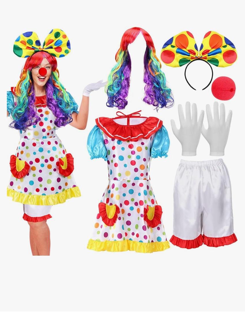 6 Pcs Clown Costume Set Women Circus Dress Rainbow Clown Wig Headband Nose Shorts Gloves for Halloween cosplay Medium