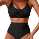 Herseas Women's Loop Straps Bikini Sets 2 Piece Shine Ribbed Swimsuits Ruched High Waisted Bathing Suits (Black, XS)