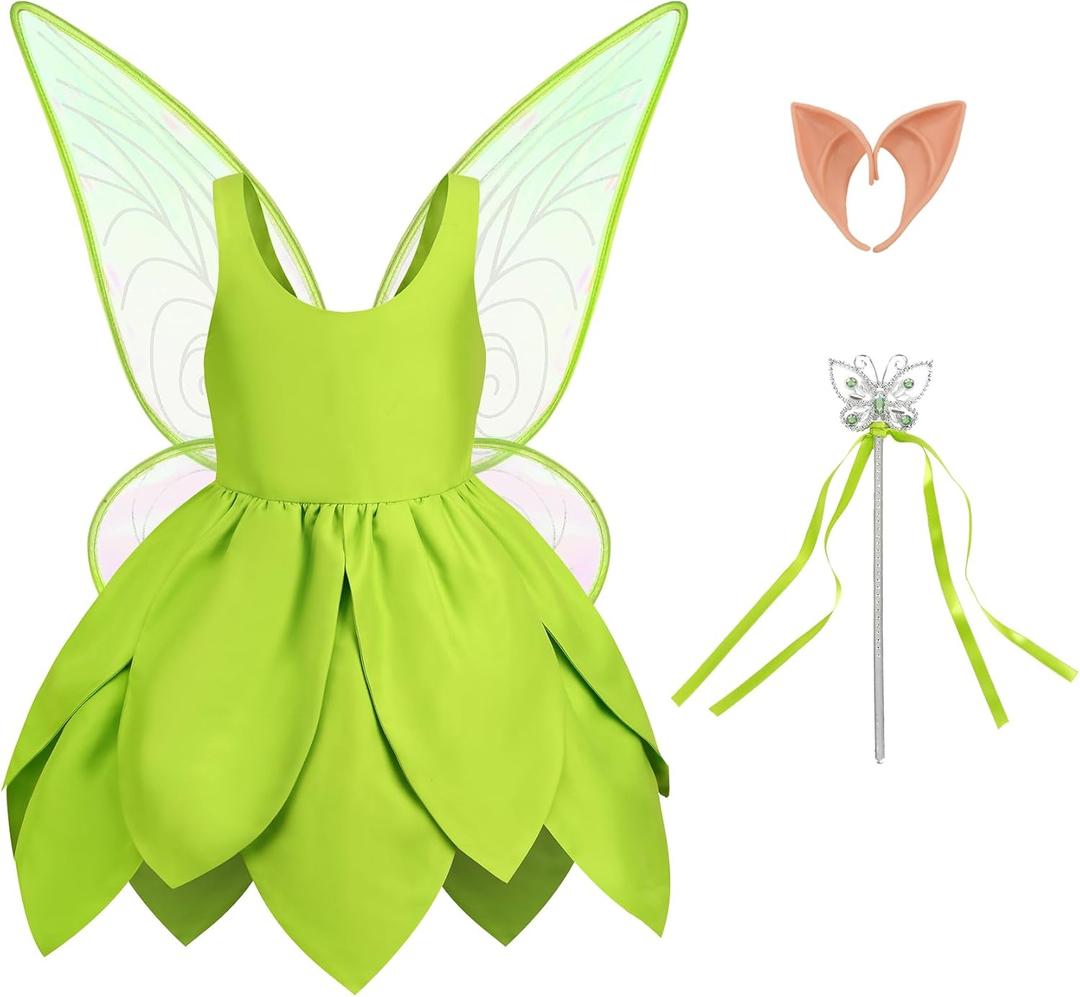 Tinkerbell Costume for Girls,Toddler Girls Fairy Dress with Pixie Elf Ears and Wings,Princess Dress Halloween Fairy (size 110, Green)