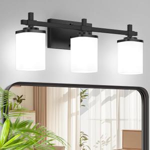3-Lights Black Vanity Lights for Bathroom with White Square Frosted Glass Shades, Modern Eye-Friendly Bathroom Light Fixtures Over Mirror, Bath Wall Lighting for Bedroom Living Room Cabinet