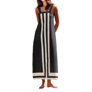 ACCPUR Women Color Block Striped Boho Maxi Dress Backless Square Neck A-Line Long Dress Summer Casual Cover up Dresses Black L