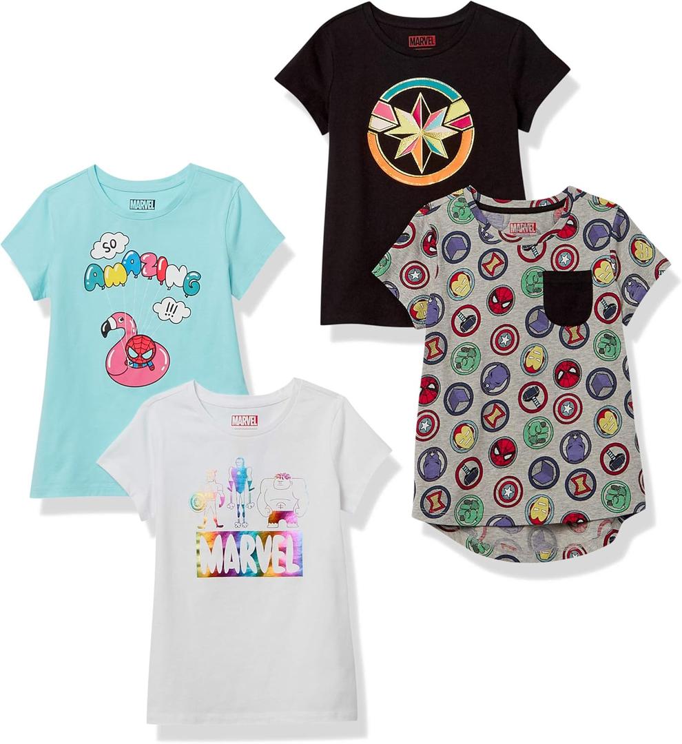 Amazon Essentials Disney | Marvel | Star Wars | Frozen | Princess Girls and Toddlers' Short-Sleeve T-Shirts, Multipacks (X-Large, Black/Blue/Grey/White Marvel Super Hero)