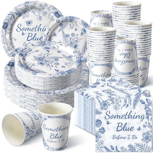 Zhehao 250 Pcs Something Blue Bridal Shower Plates Napkins Sets 50 Pcs 9'' Dinner Plates and 7'' Dessert Plate and 9oz Cups 100 Napkins Serves 50 Party Supplies Bridal Shower Engagement Decoration