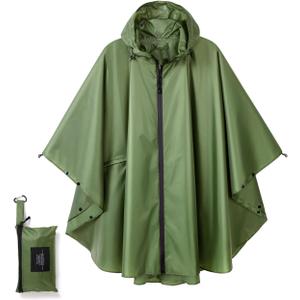 Fashion Hooded Rain Poncho Waterproof Raincoat Jacket with pocket for Women/Men/Adult (One Size, Army Green)