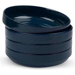 KooK Ceramic Large Pasta Bowls, Microwave and Dishwasher Safe, Great for Soups and Salads, Shallow Serving Bowls, Glossy Porcelain, 47 oz, Set of 4, Navy Blue