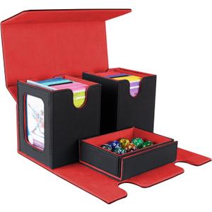 MTG Commander Deck Box - Portable Double Card Deck Box Fits 200 Double Sleeved Cards, Durable Magnetic Cards Case, Includes Dice Tray, Magnetic Card Holders and Dividers, Black/Red