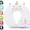 Sexysamba Cartoon Headrest & Neck Pillow for Kids Boys & Girls, Teens, Travel Accessories for Recline, Car, Airplane, Memory Foam Cute Travel Pillow with Sleep Eye Mask - White Unicorn