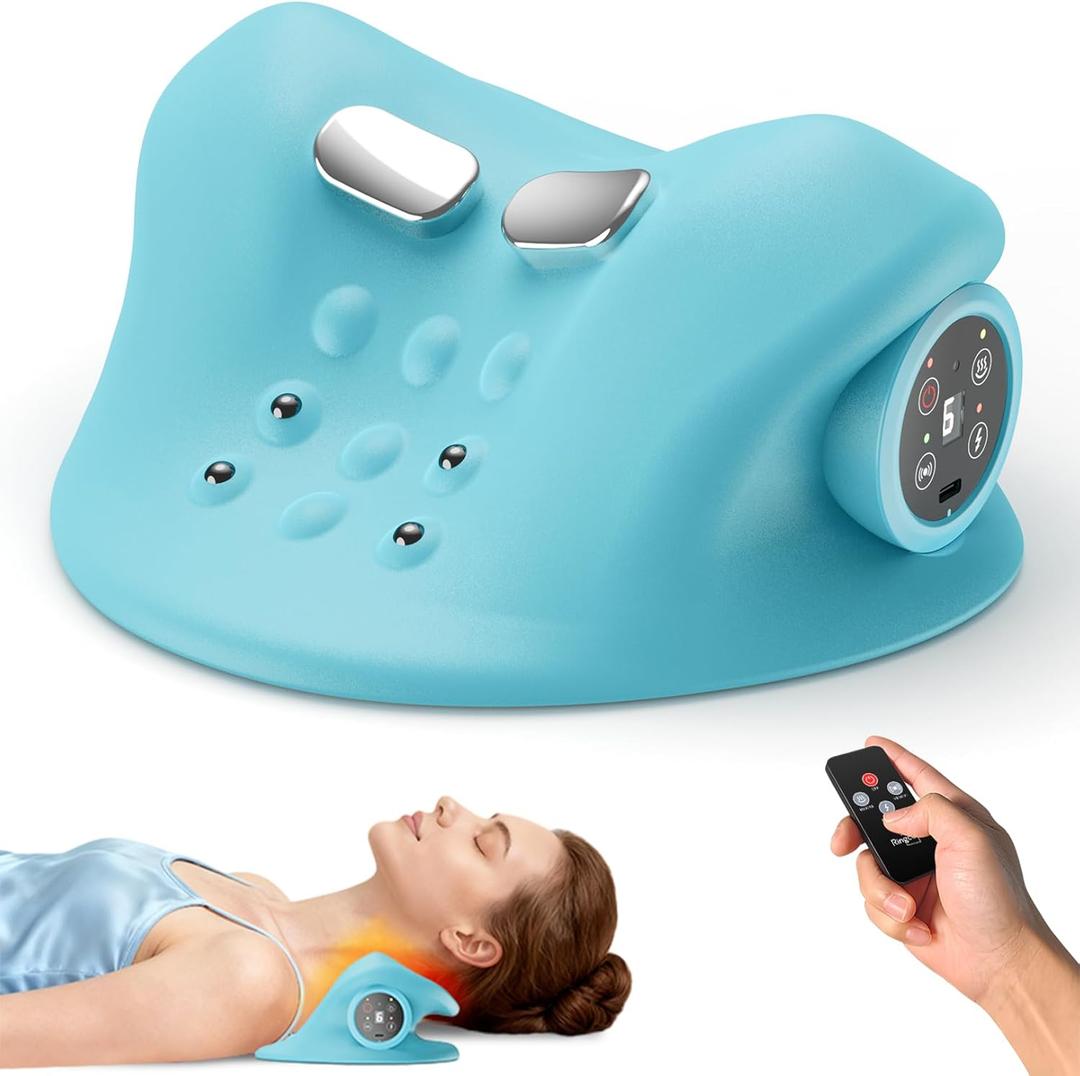 Ringco Neck Massager Pillow with 3 Level Heating & Vibration Adjustable, Heated Neck Stretcher with 6 Modes, Rechargeable Cervical Traction Device for Pain Relief & Muscle Relaxation (Light Blue)
