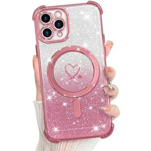 Pack Of 2, KANGHAR for iPhone 12 Pro Case, Support for MagSafe [Four Corner Cushion Series] Love Heart Pattern Electroplate Edge Shockproof Durable Full Body Protection for Girls Women -Pink