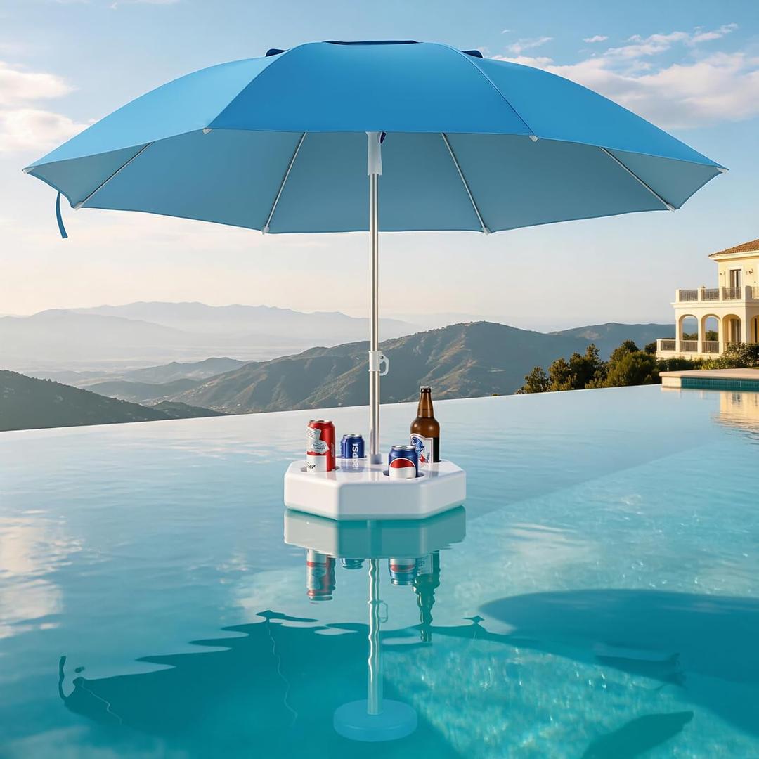 Floating Pool Umbrella for Inside of Pool with Weighted Base, UV Sun Shade & Floating Table with 4 Cup Holders, Adjustable Aluminum Pole for Swimming Pool, Beach & Lakes