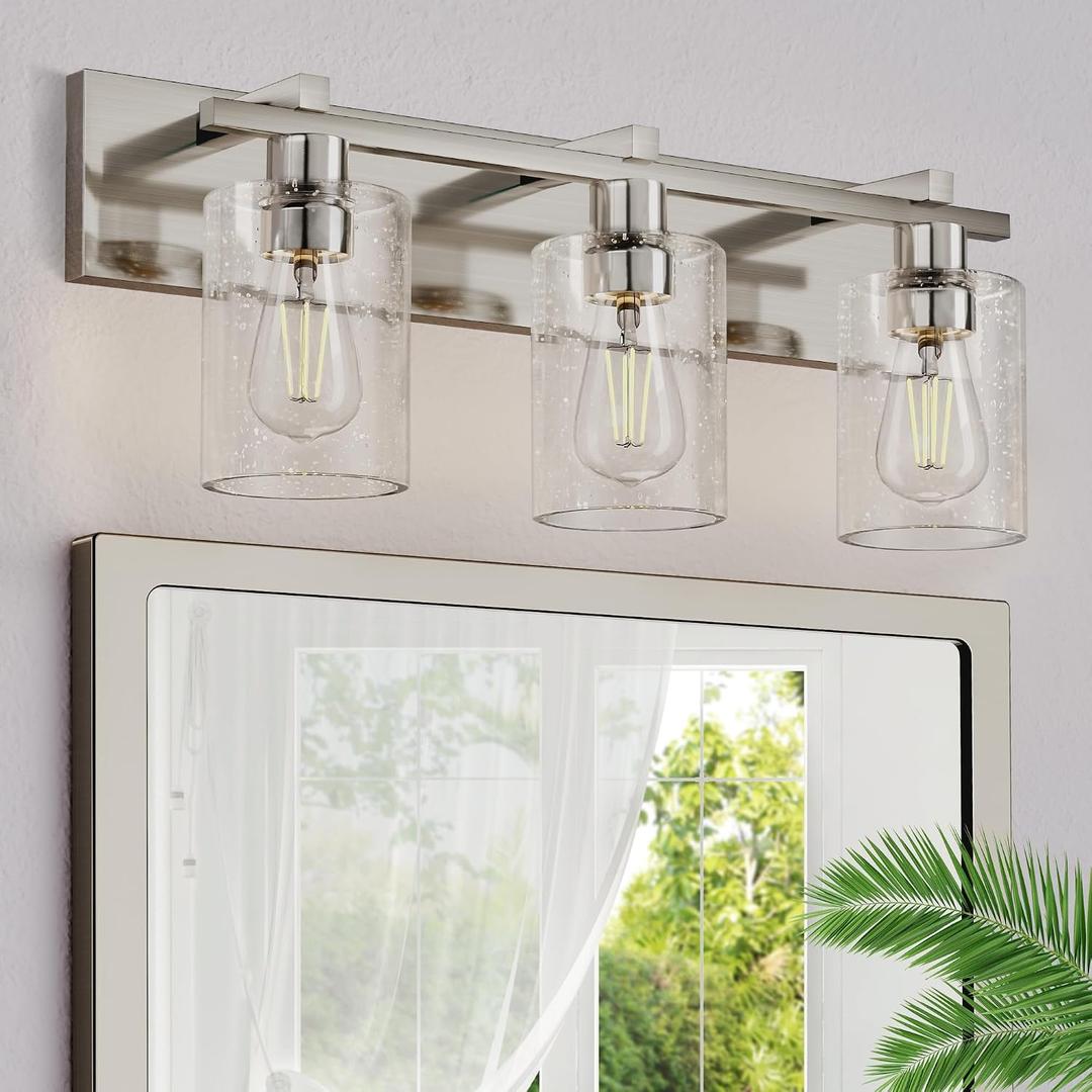 Bathroom Vanity Light, 3 Light Brushed Nickel Bathroom Light Fixture with Thickened Seeded Glass Shade, 24 inch Modern Vanity Lights, Bathrooms Lights Fixture Over Mirror