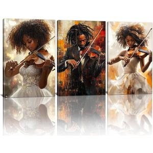African American Canvas Prints Wall Art Black Woman Man Playing Violin Poster Black Jazz Pictures Wall Decor Musical Instruments Paintings for Music Room Decor Framed(Vintage-1,16L x 24W x 3Pcs)
